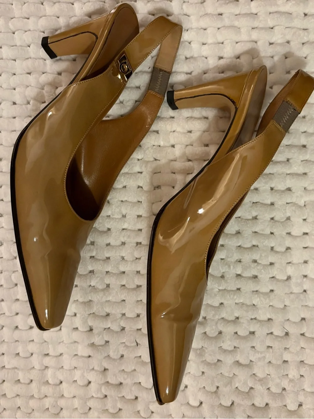 Salvatore Ferragamo Camel Patent Leather Pointed Slingback Pumps